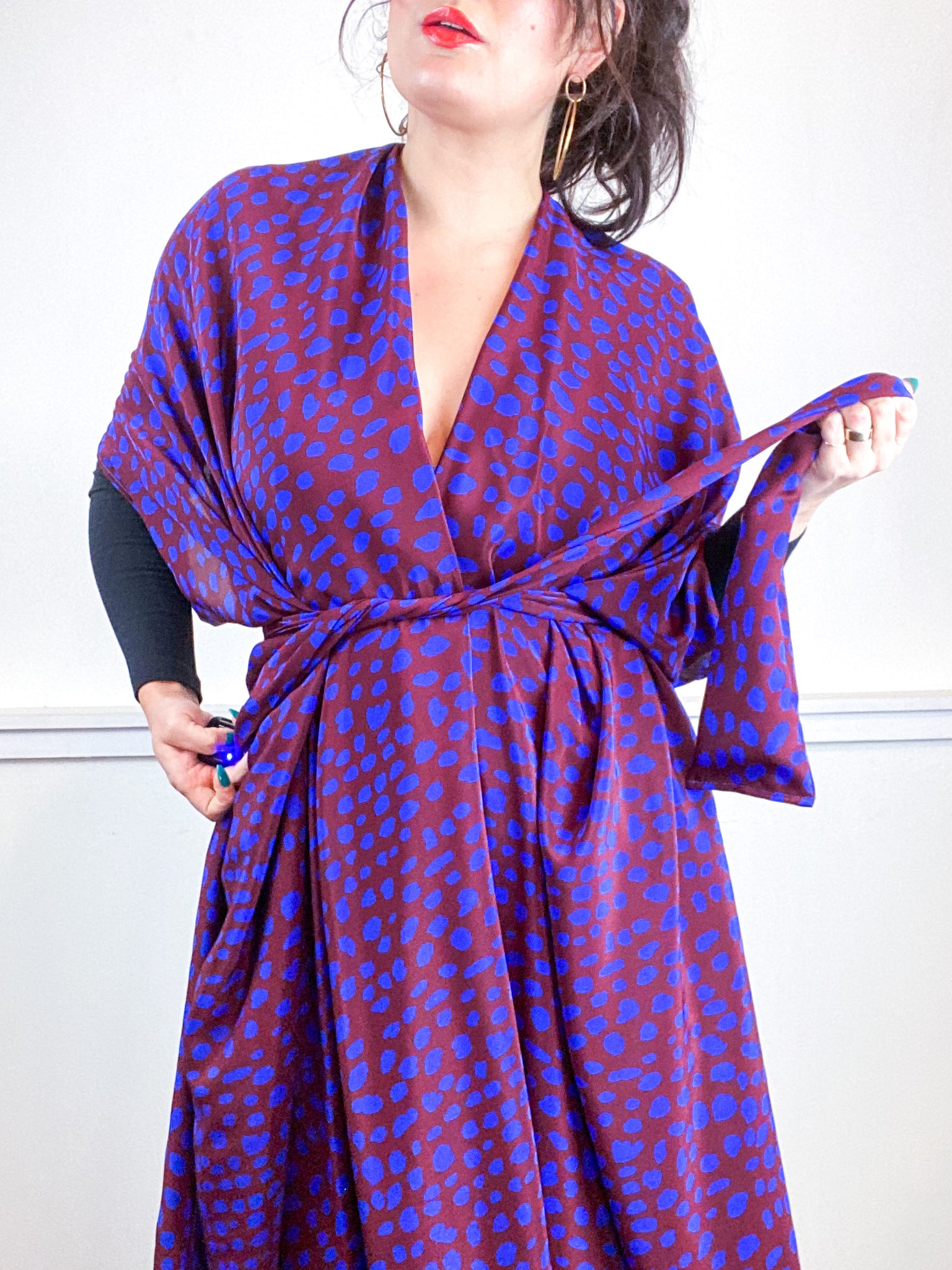 Print High Low Kimono Maroon Blue Dots Silk