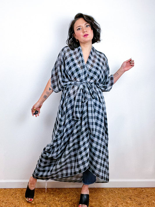Print High Low Kimono Black Grey Checker Chiffon