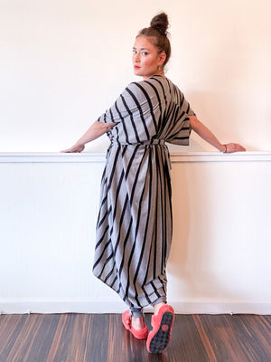 Print High Low Kimono Grey Black Stripe Knit