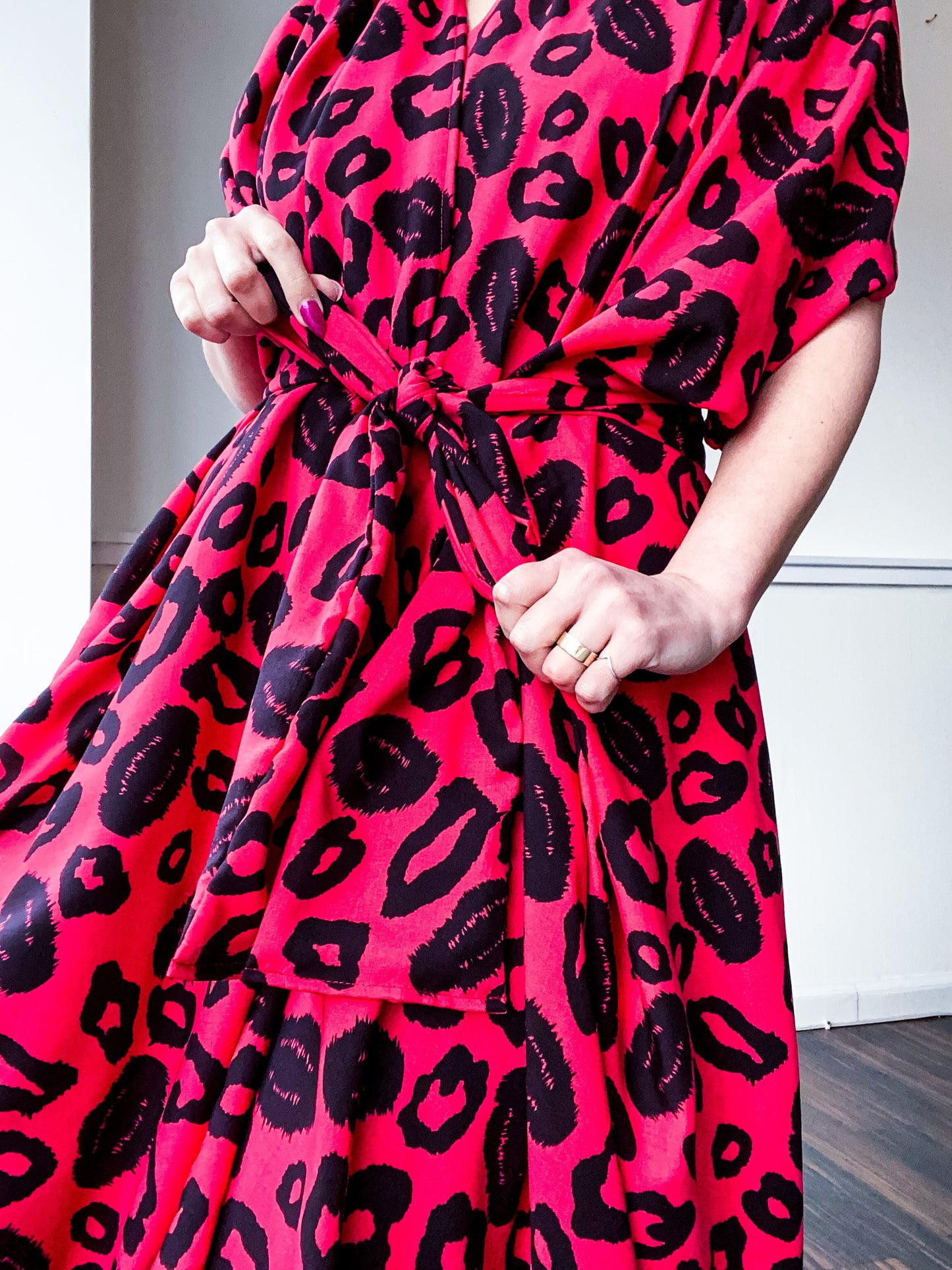 Print High Low Kimono Red Leopard
