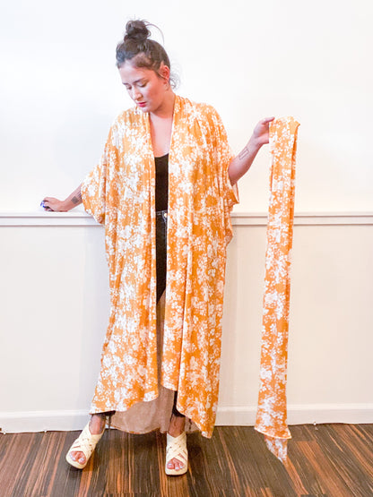 Print High Low Kimono Marigold Floral Knit