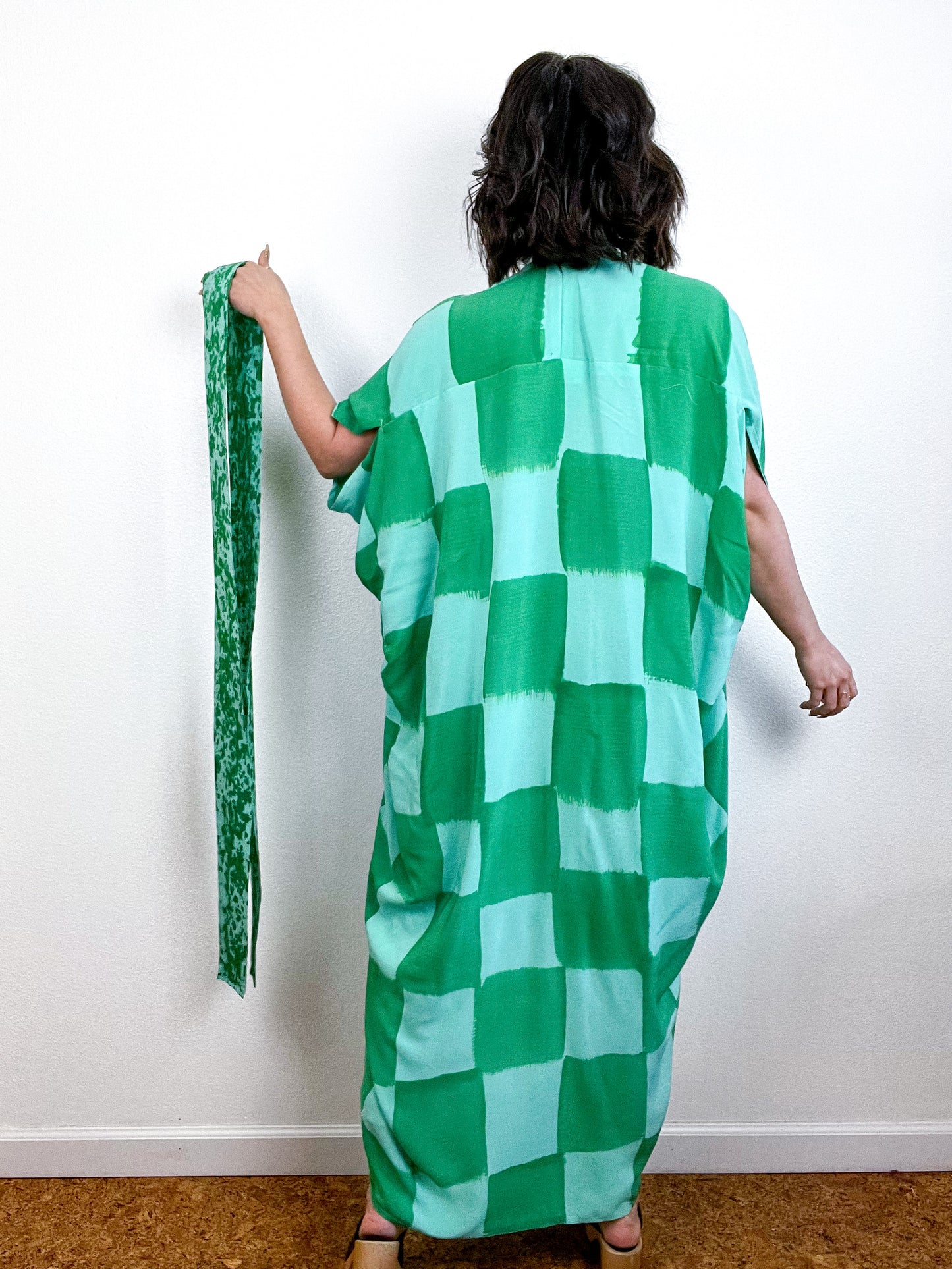 Hand-Dyed High Low Kimono Aqua Green Check