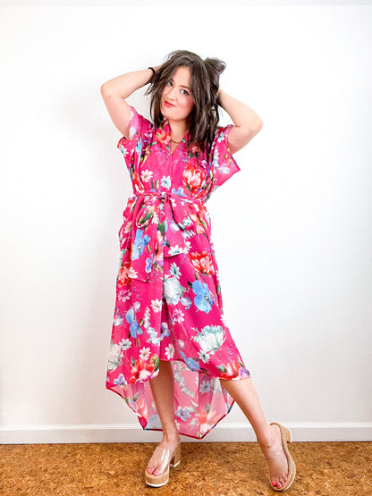 Print High Low Kimono Fuchsia Floral Chiffon