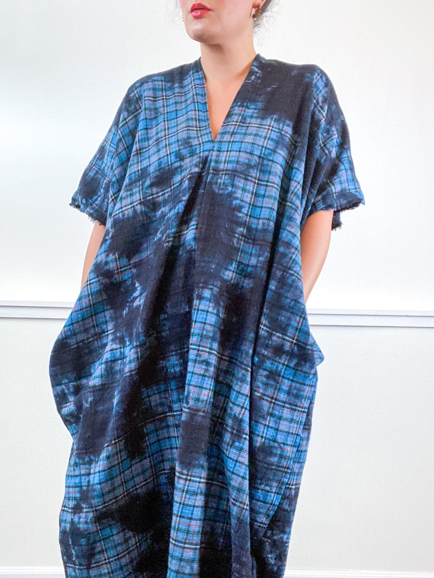 Over-Dye Plaid Smock Dress Turquoise Black Midi