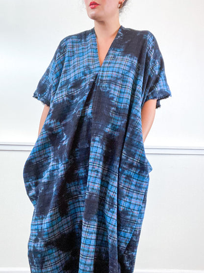 Over-Dye Plaid Smock Dress Turquoise Black Midi