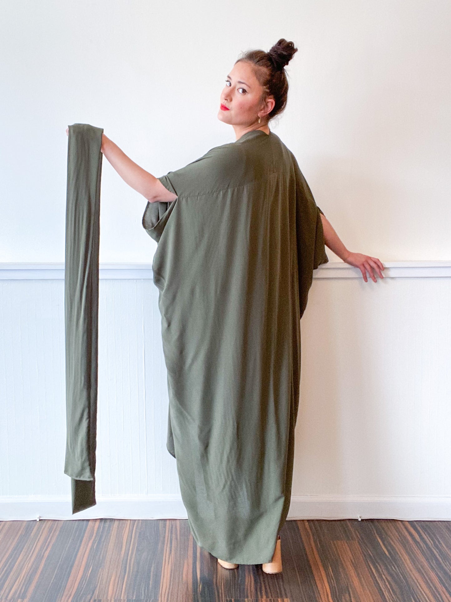 Print High Low Kimono Solid Olive Rayon Challis