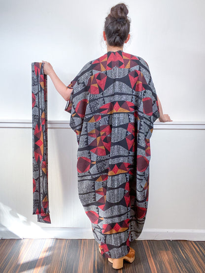 Print High Low Kimono Black White Rust Graphic Crepe