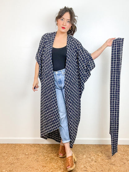 Print High Low Kimono Navy Windowpane Bubble Crepe