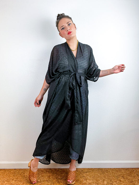 Print High Low Kimono Black Oval Chiffon
