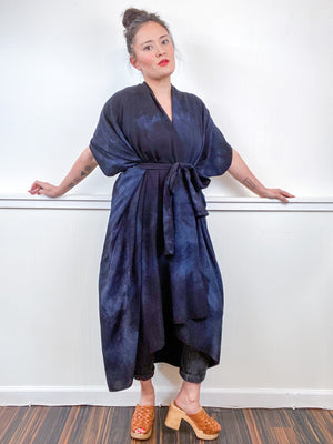 Hand-Dyed High Low Kimono Almost Solid Cool Black