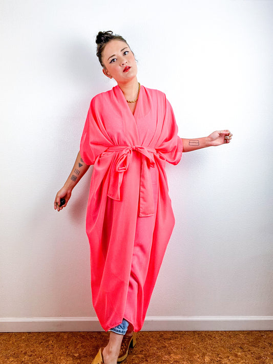 Solid High Low Kimono Neon Coral Chiffon