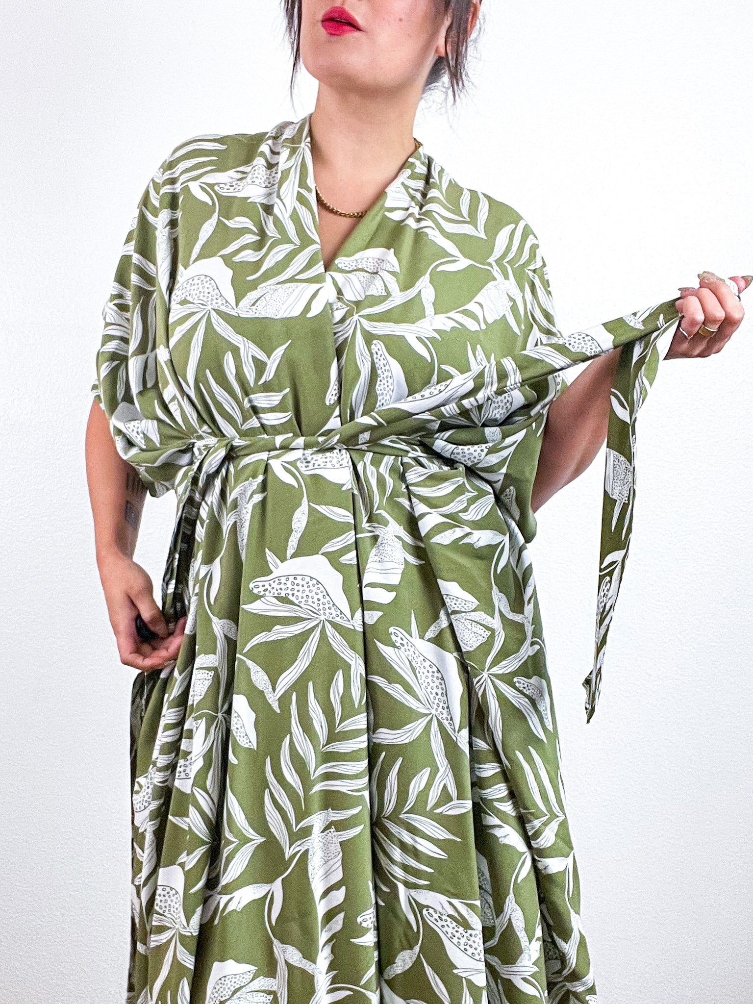 Print High Low Kimono Green Ivory Leaves Challis
