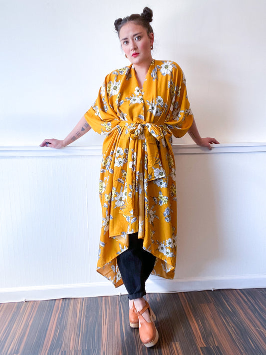 Print High Low Kimono Marigold White Floral Rayon Challis