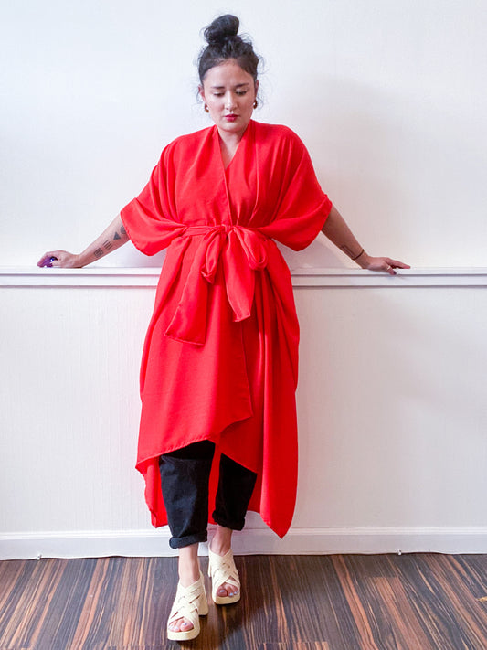 Solid High Low Kimono Scarlet Crepe de Chine