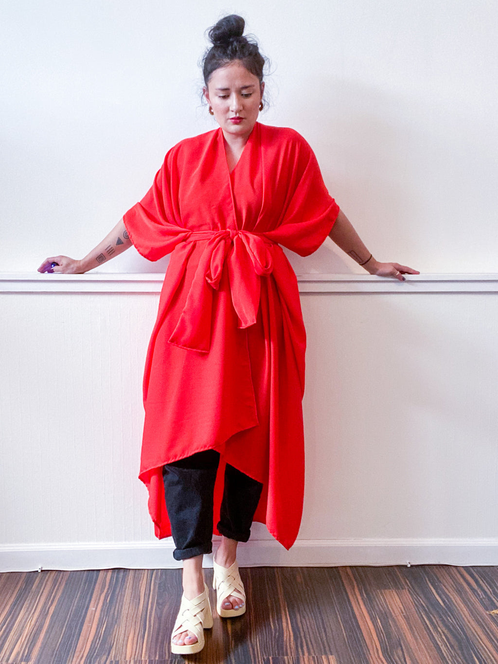 Solid High Low Kimono Scarlet Crepe de Chine