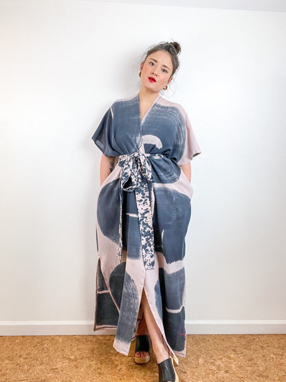Single Gauze Duster Kimono Blush Graphite Brushstrokes
