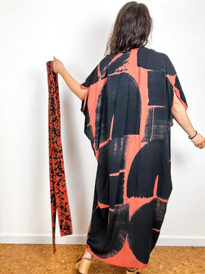 Hand-Dyed High Low Kimono Rust Black Brushstroke