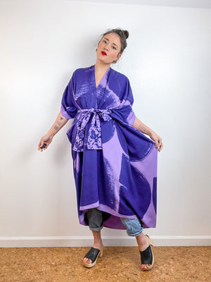 Hand-Dyed High Low Kimono Lilac Navy Brushstroke