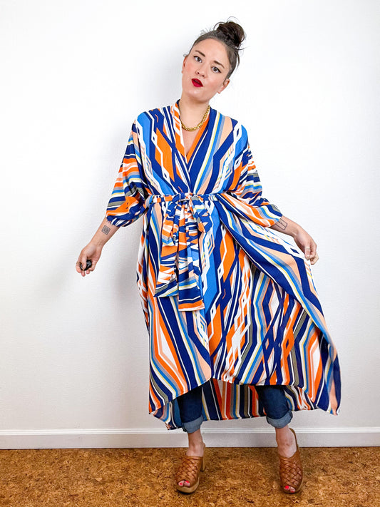 Print High Low Kimono Blue Orange Ziggy Crepe