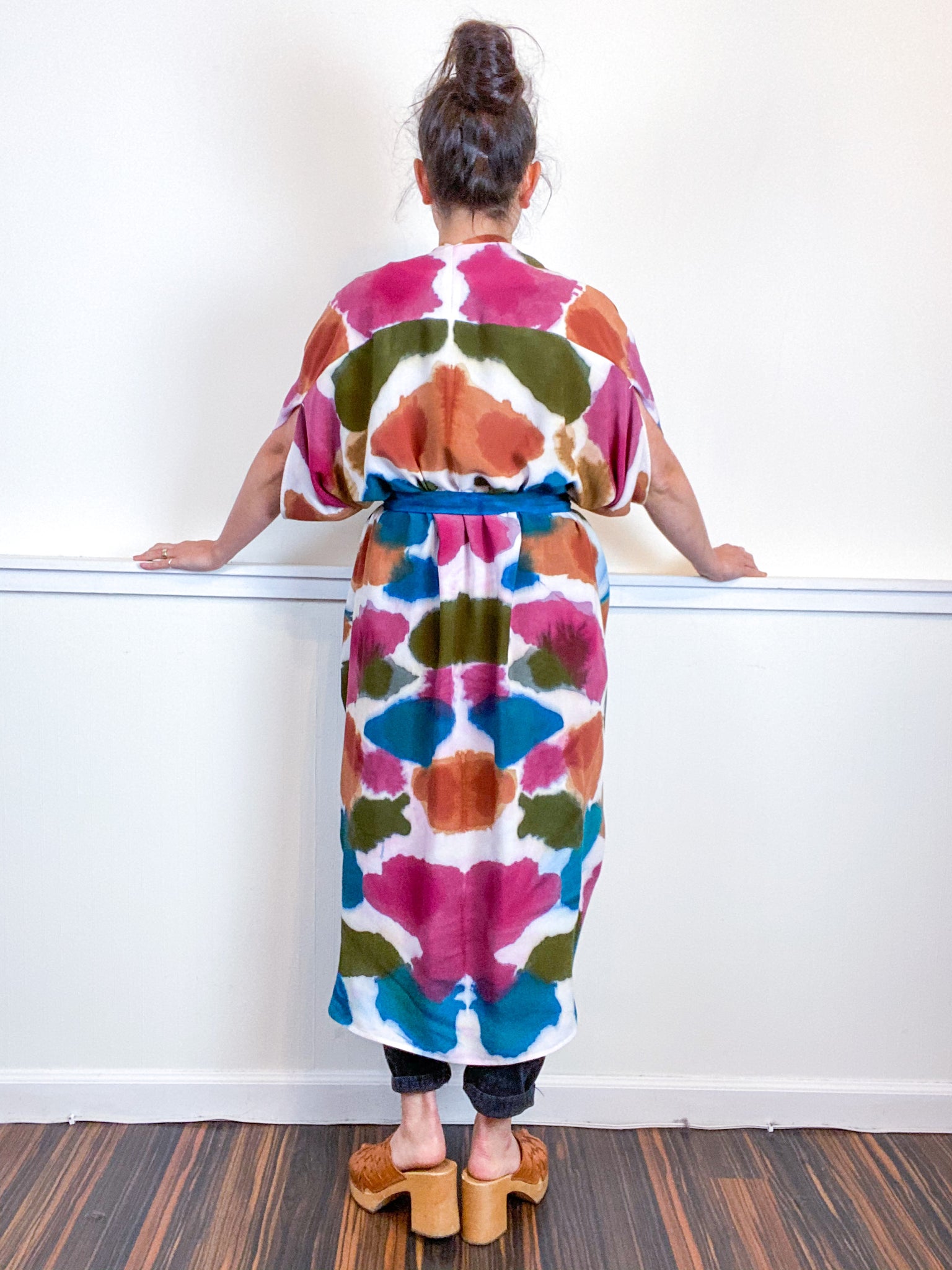 OOAK Hand-Dyed High Low Kimono Teal Terracotta Maroon Moss Inkblot
