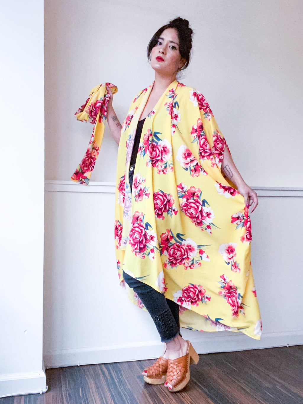 Print High Low Kimono Yellow Red Rose Floral Rayon Challis