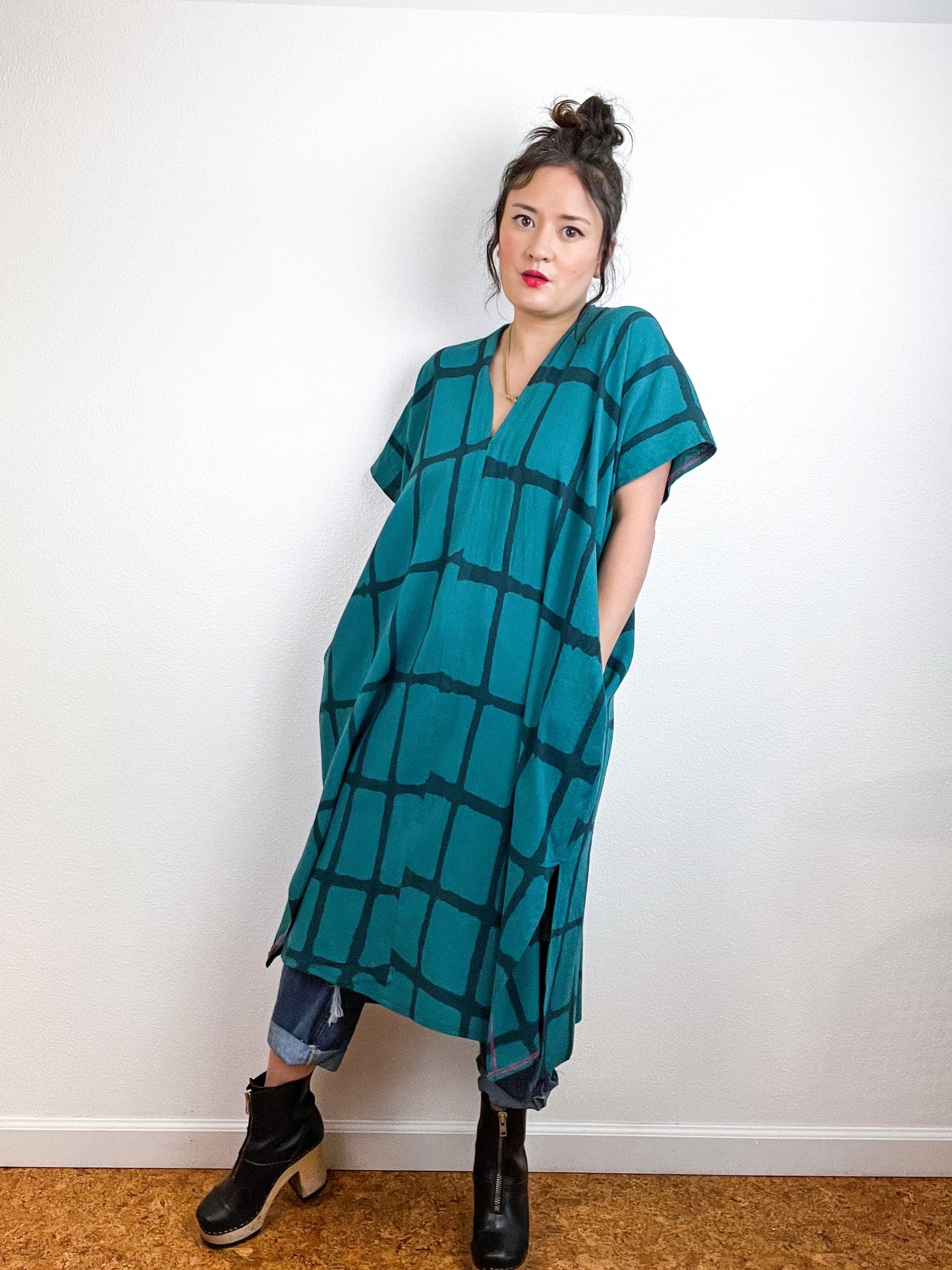 Hand-Dyed Midi Smock Dress Teal Black Windowpane
