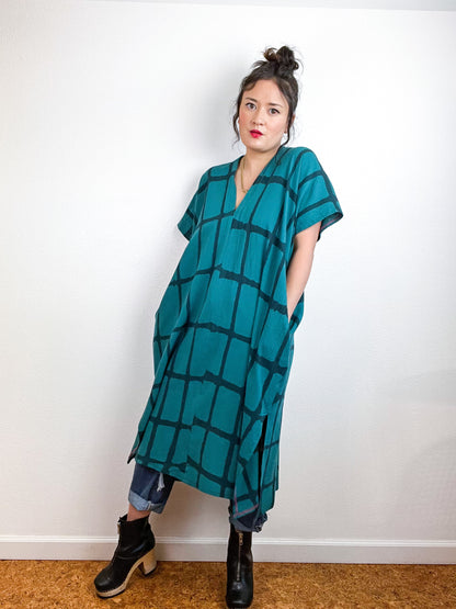Hand-Dyed Midi Smock Dress Teal Black Windowpane