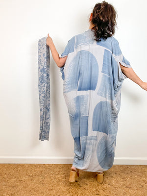 Hand-Dyed High Low Kimono Grey Blue Brushstroke