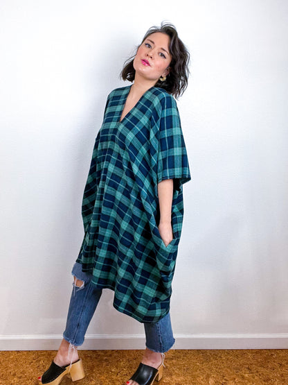 Plaid Oversized Smock Dress Sage Navy