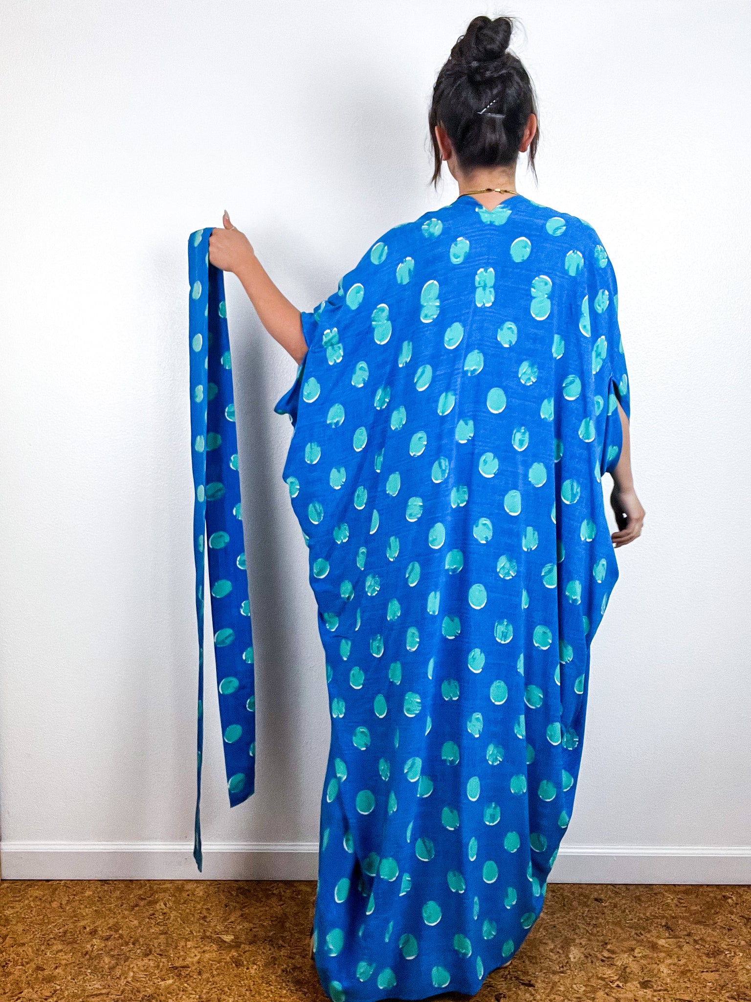 Print High Low Kimono Turquoise Blue Dots Challis