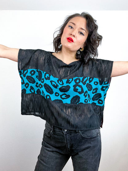 Scrappy Crop Black Teal Leopard