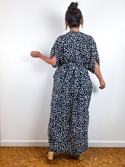 Print High Low Kimono Navy White Specks Challis