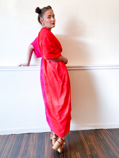 Hand-Dyed High Low Kimono Two Tone Fuchsia Scarlet