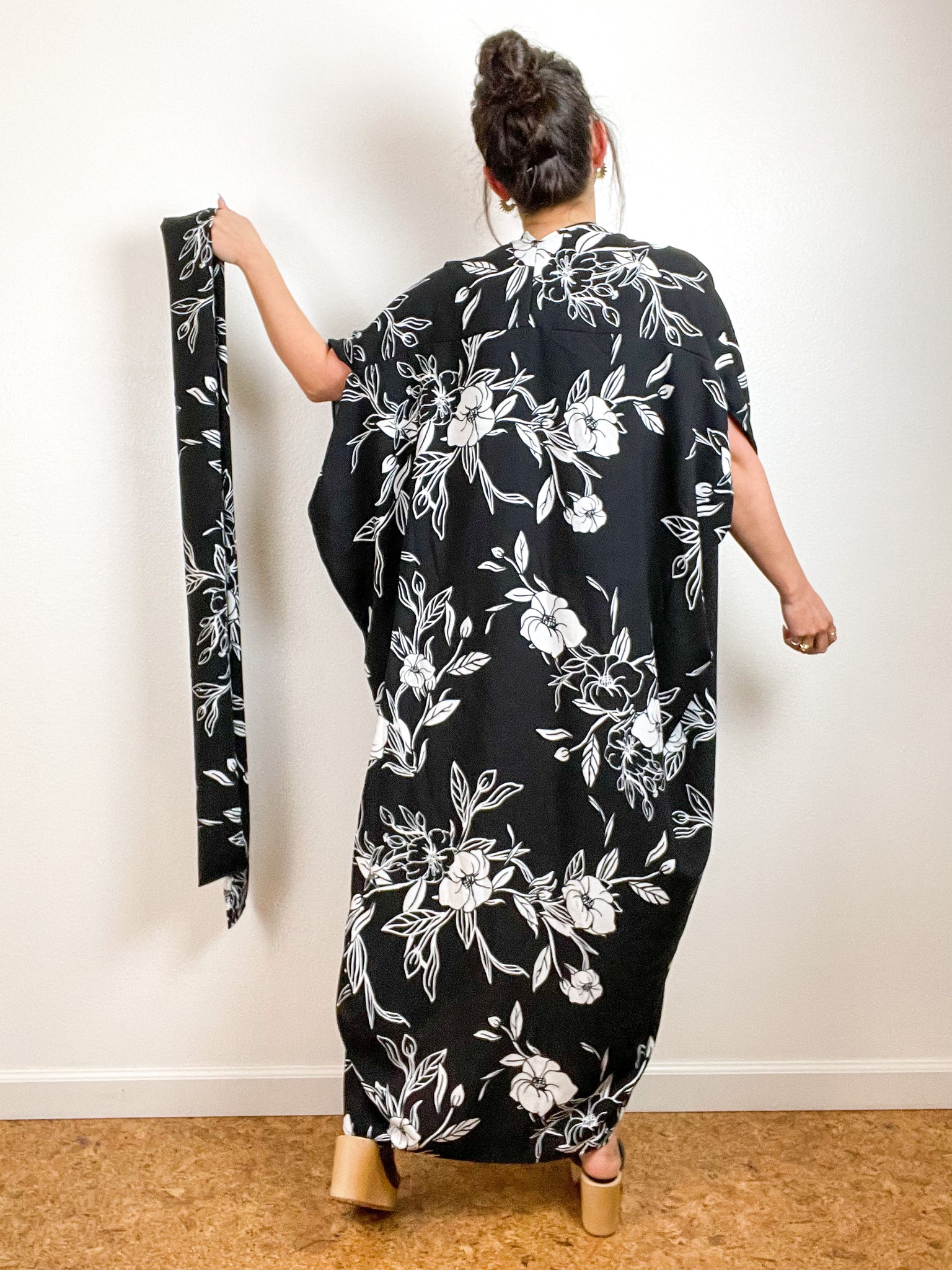 High Low Kimono Black White Floral Rayon Challis