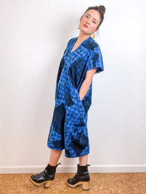 Disrupted Plaid Flannel Smock Dress Blue Brushstrokes