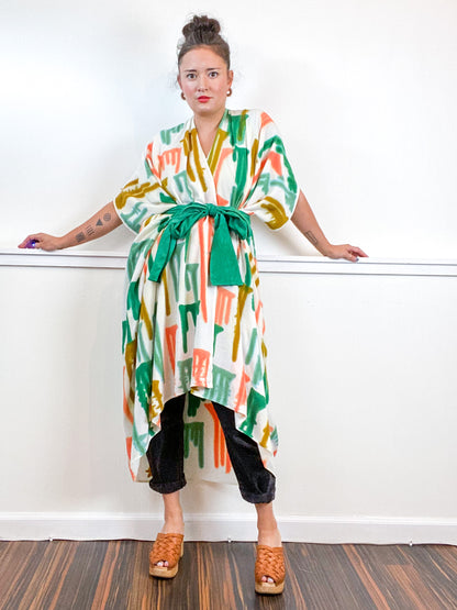 OOAK Hand-Dyed High Low Kimono Emerald Flamingo Amber Sea Drips