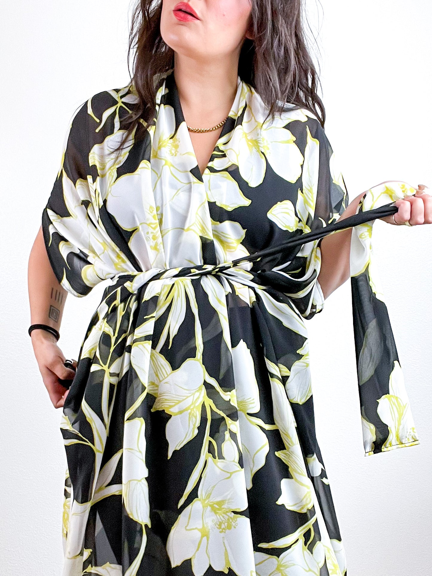 Print High Low Kimono Black Chartreuse Outline Floral Chiffon