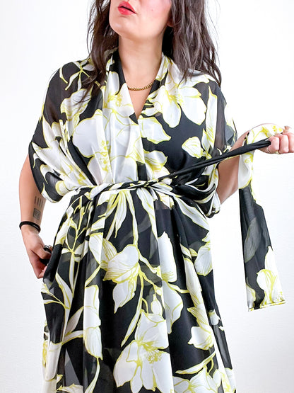 Print High Low Kimono Black Chartreuse Outline Floral Chiffon
