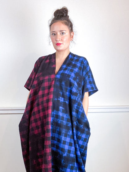 Over-Dye Plaid Smock Dress 2-Tone Blue Red Black Midi