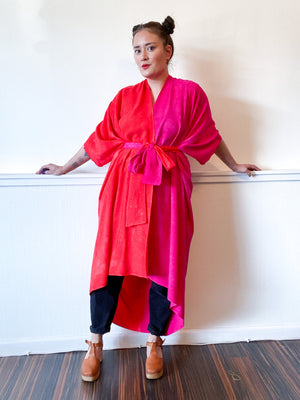 Hand-Dyed High Low Kimono Two Tone Fuchsia Scarlet