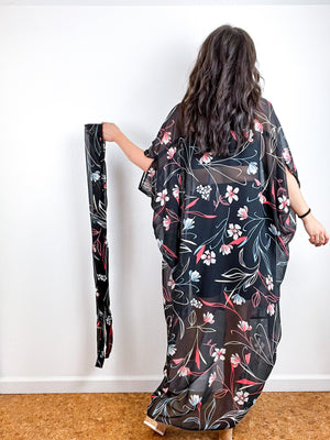 Print High Low Kimono Black Whispy Floral Crinkle Chiffon