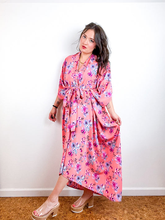 Print High Low Kimono Coral Floral Charmeuse