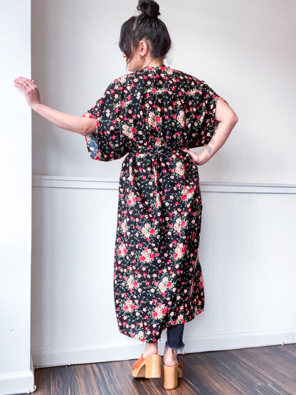 Print High Low Kimono Black Mini Red Rose Floral
