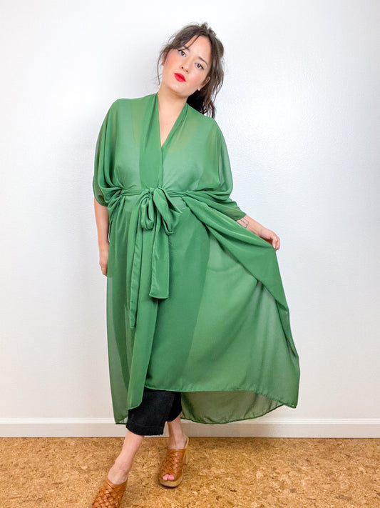 Solid High Low Kimono Leaf Green Chiffon