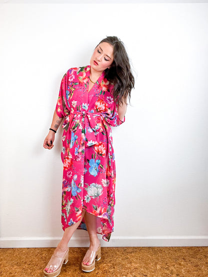 Print High Low Kimono Fuchsia Floral Chiffon