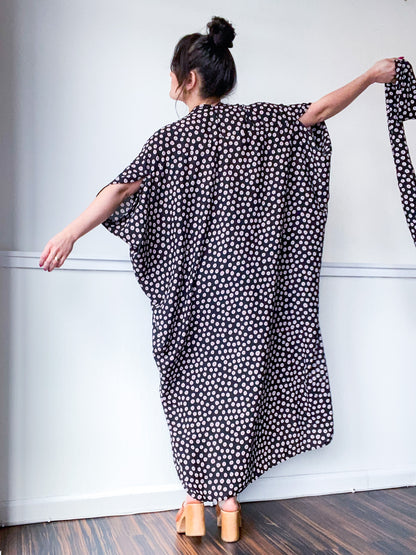 Print High Low Kimono Black Pink Dots