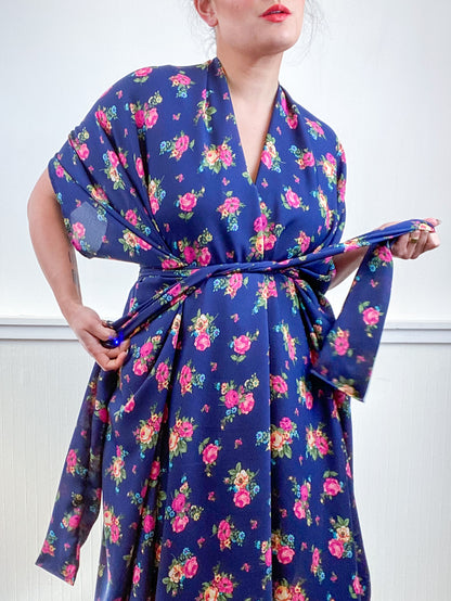 Print High Low Kimono Navy Pink Bouquet Satin
