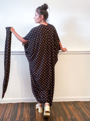 Print High Low Kimono Black Maroon Dots Slinky Knit