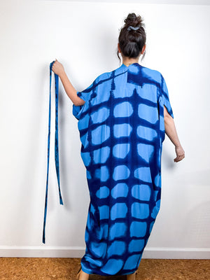 Hand-Dyed High Low Kimono Turquoise Royal Windowpane