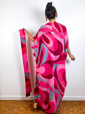 Print High Low Kimono Pink Seventies Swirl Chiffon